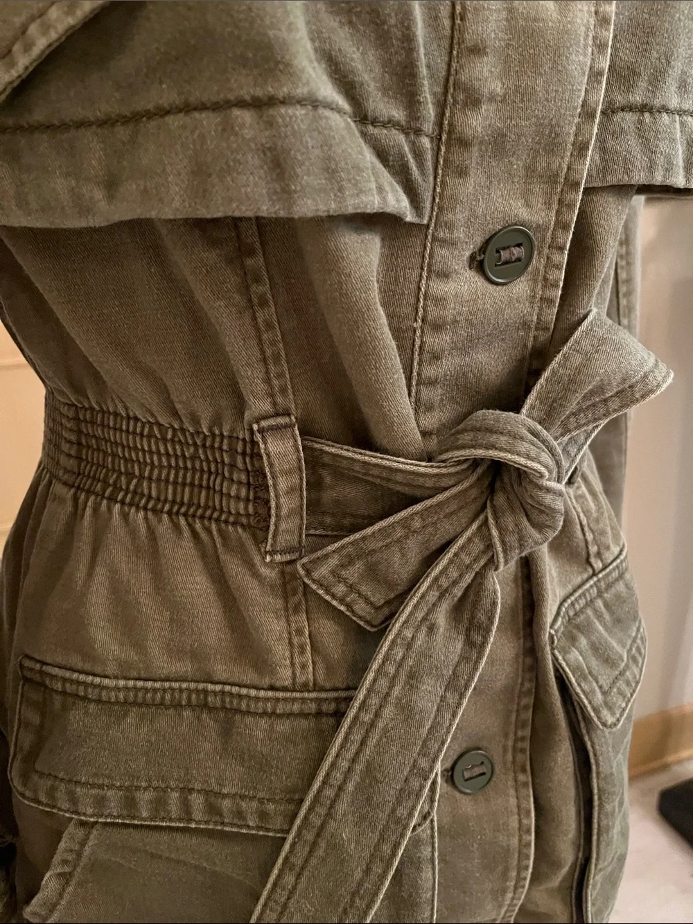 ANTHROPOLOGIE HEI HEI Modern Arty Ruffle Peplum Olive Utility Tie-Waist Jacket S
